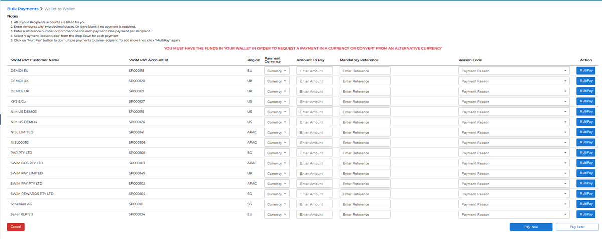 bulk payments sample input screen